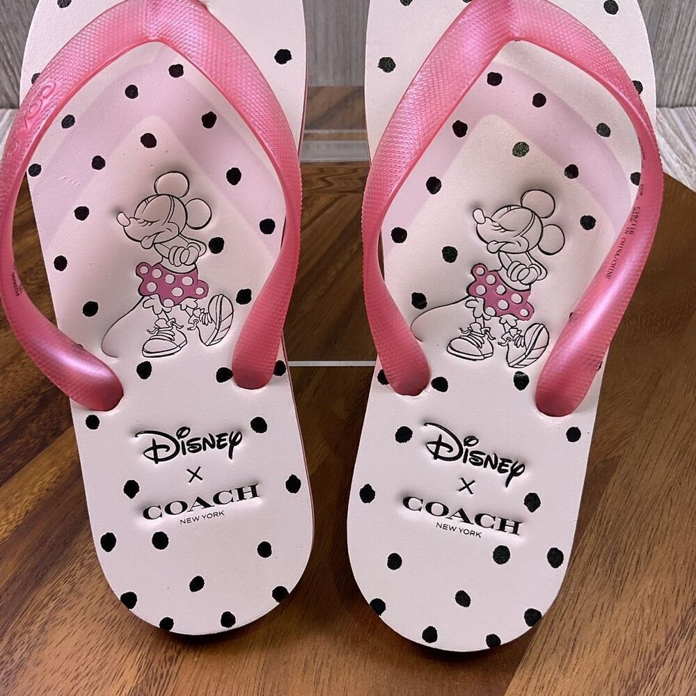 Coach X Disney Minnie Mouse Pink Floral Thong Flip Flops Sandals Women's Size 7 - Picture 2 of 9